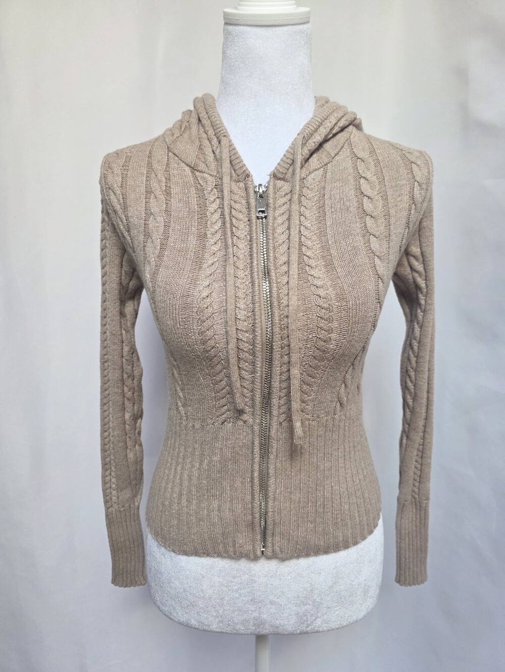 Harper & Ivy XS Tan Cable Knit Zip Up Hoodie Cowl Neck Sweater